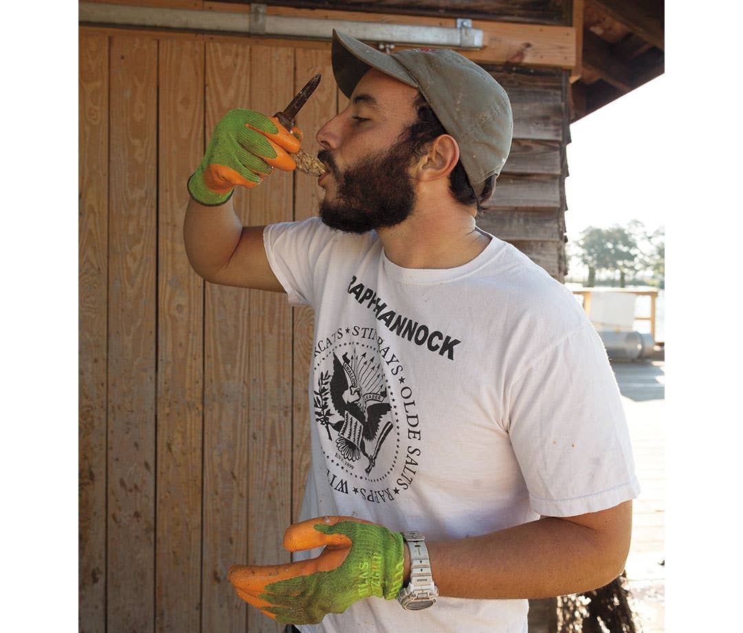 Young Caucasian man wearing white T-shirt and baseball hat eating shucked oyster